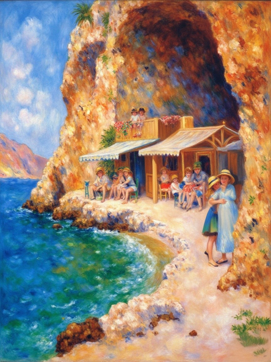 Coastal Scene with Café and Sunbathers by the Sea