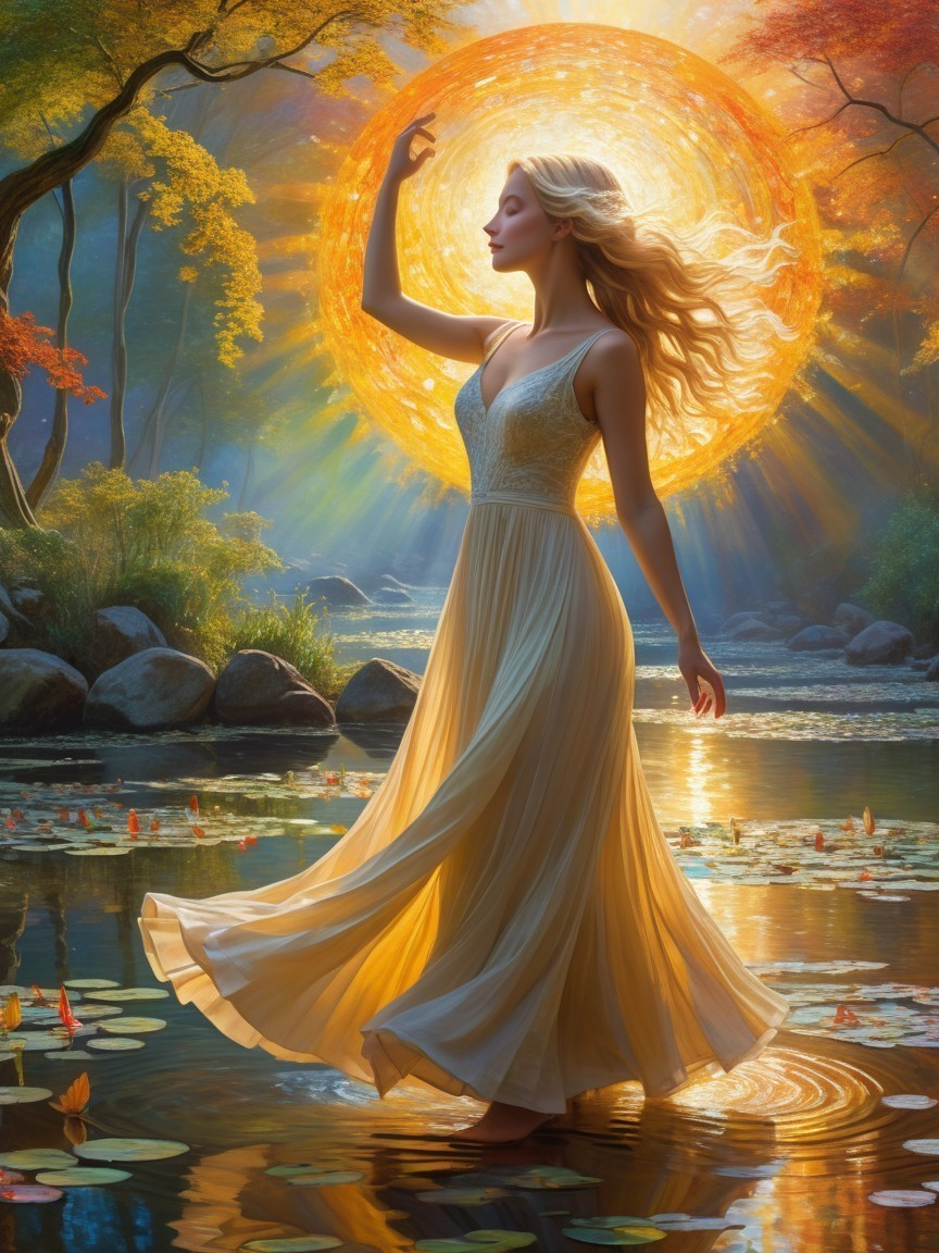 Woman in flowing gown in tranquil pond with autumn colors