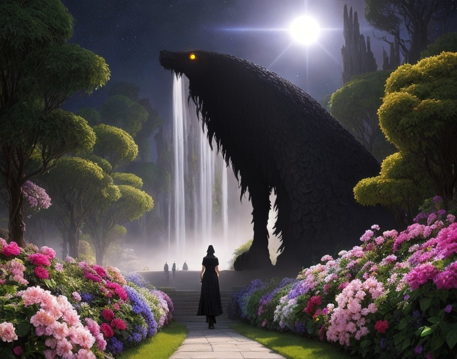 Person on flower-lined path approaches mystical creature with cascading waterfalls under starlit sky