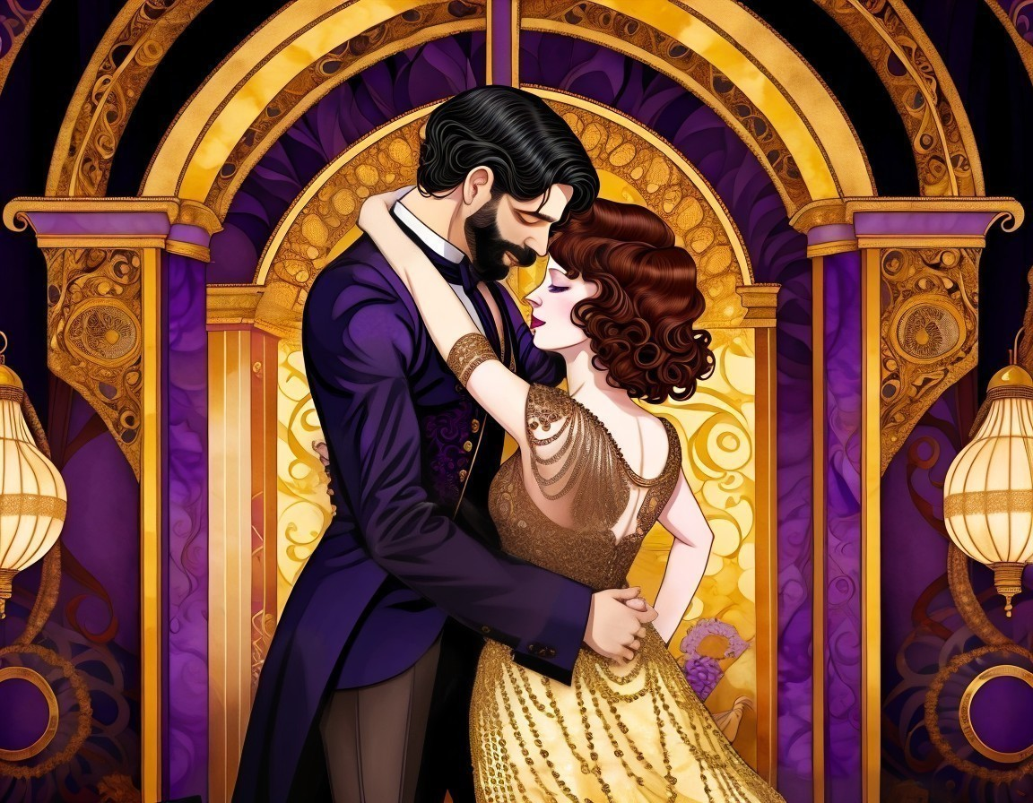 Couple Dancing in Elegant Purple and Gold Setting