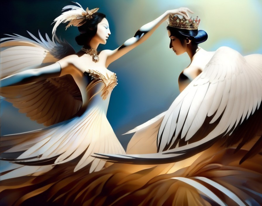 Ethereal Figures with Feathered Wings in Dreamlike Setting