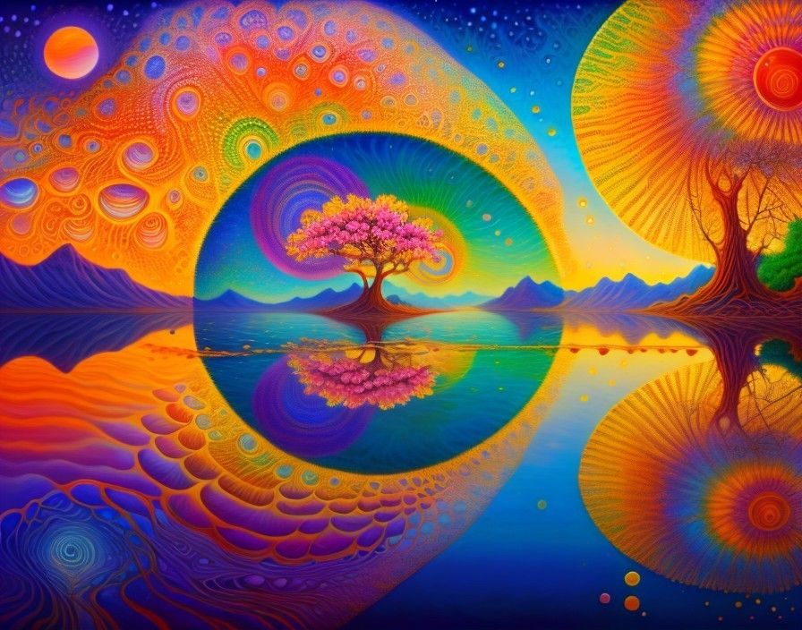Surreal Landscape with Pink Tree and Cosmic Patterns