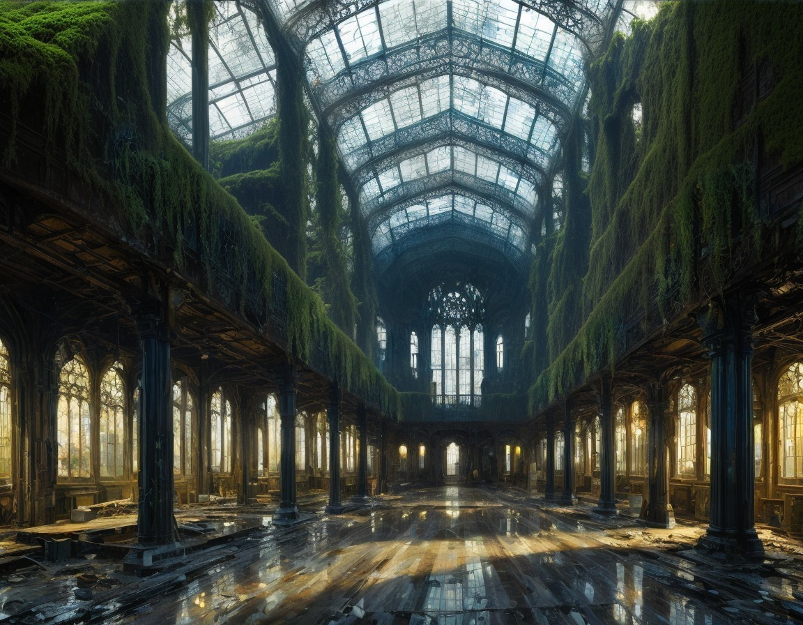 Abandoned Hall Overrun by Nature's Lush Growth
