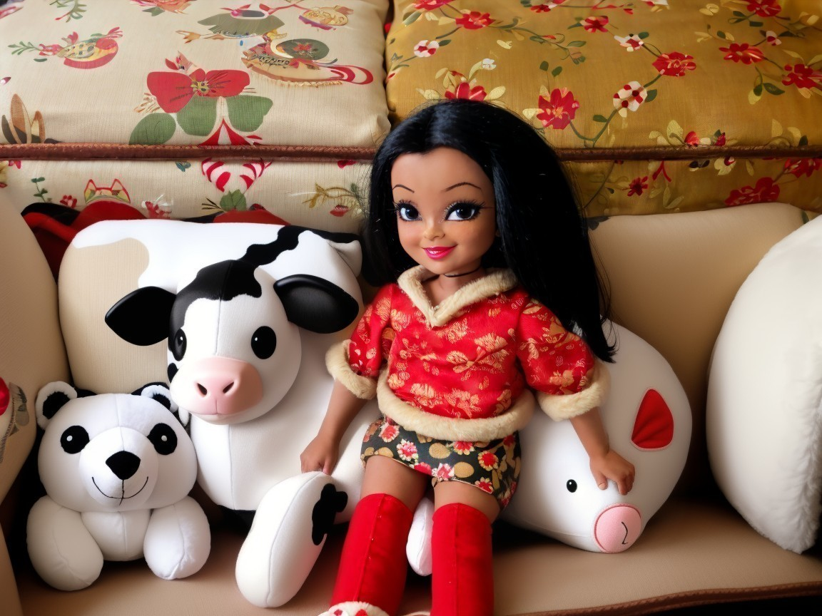 Doll and Plush Toys in Cozy Floral Setting