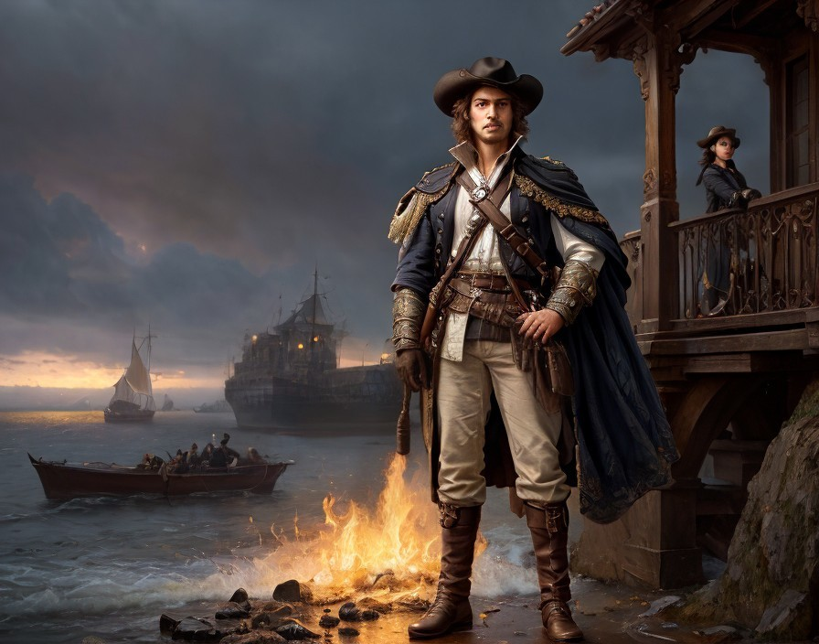 Confident Pirate on Rocky Shore at Dusk