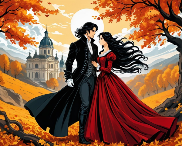 Romantic Autumn Scene with Couple and Baroque Building