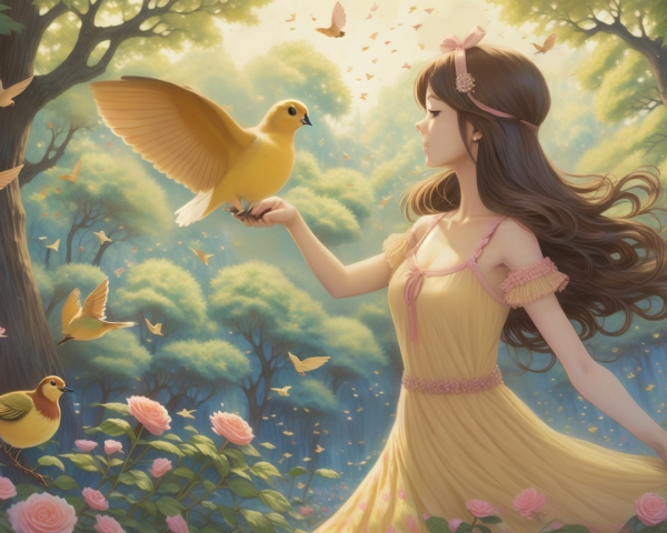 Young Woman in Yellow Dress with Birds in Forest