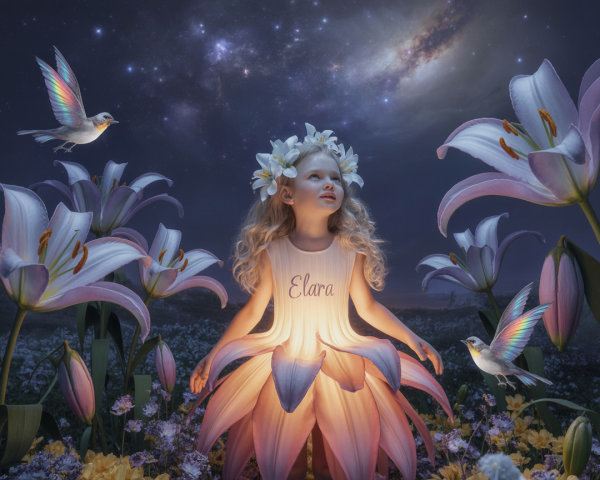 Whimsical Scene of Girl Among Oversized Flowers