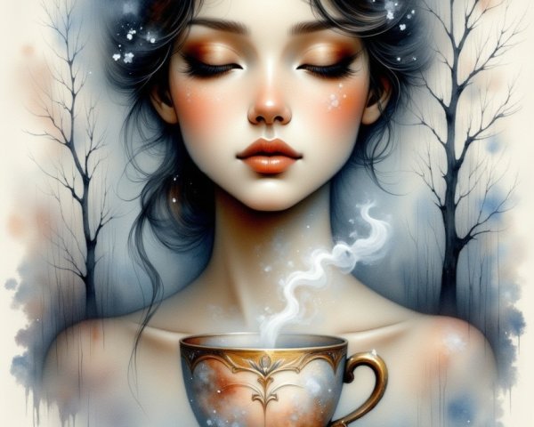 Serene Woman in Snowy Scene with Warm Cup