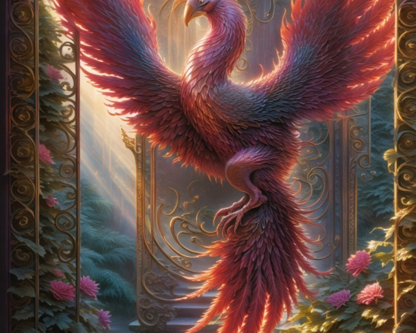 Majestic phoenix surrounded by golden arches and flowers
