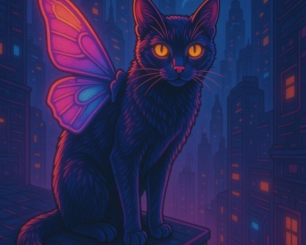 Neon Cityscape with Cat and Colorful Butterfly Wings