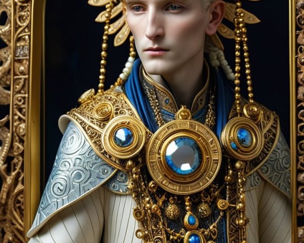 Regal figure in elaborate attire with golden patterns