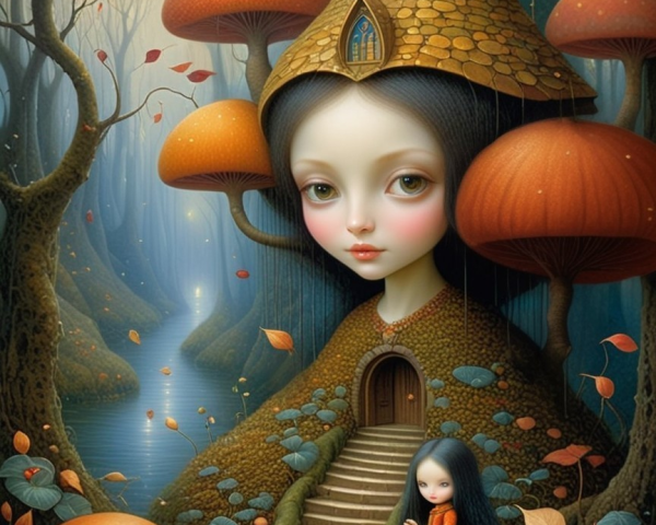 Ethereal Girl in Whimsical Forest with Enchanting Elements
