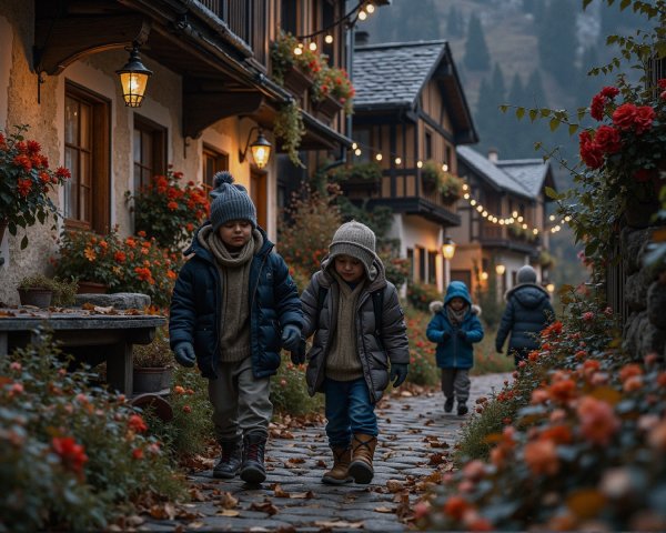Charming Village Street with Autumn Foliage and Lights