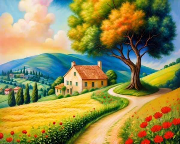 Charming Cottage in Vibrant Field Landscape