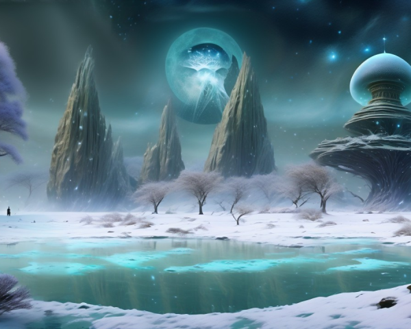 Mystical Landscape with Mountains, Lake, and Tower