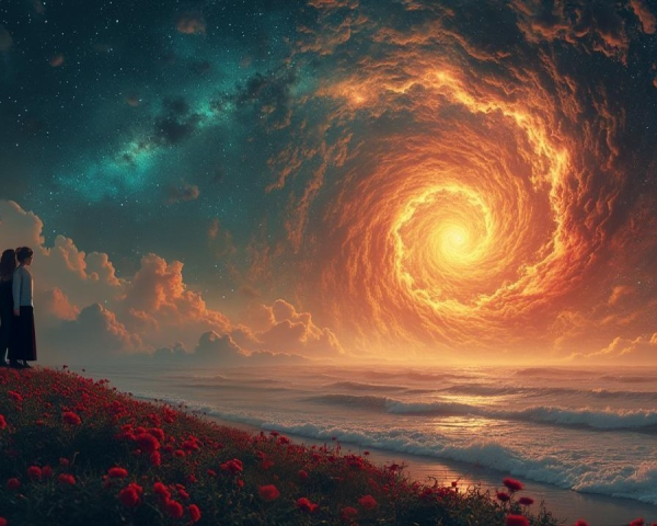 Figures on Shoreline with Orange Vortex in Sky