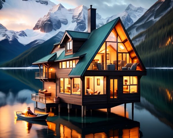 Modern chalet-style house on stilts by serene lake