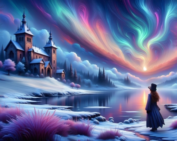 Serene winter landscape with castle and auroras