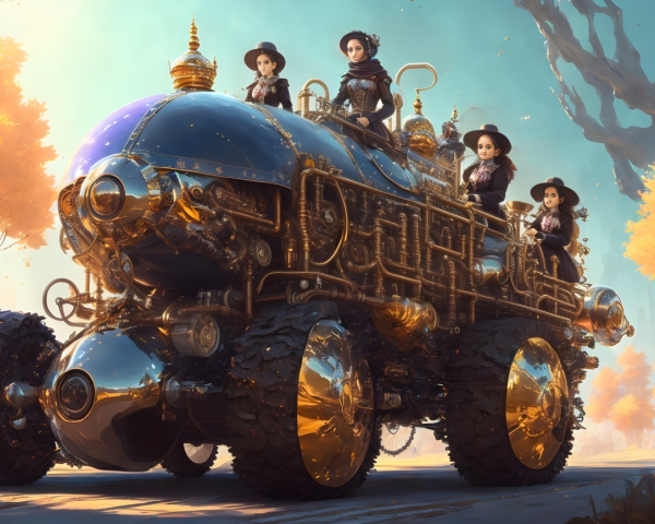 Futuristic steampunk vehicle with Victorian riders