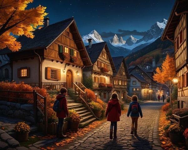 Charming Village Scene Under Starlit Autumn Skies