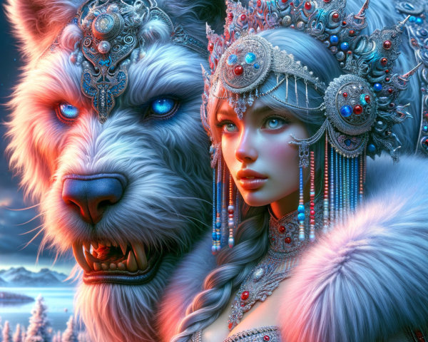 Majestic Woman with Wolf in Snowy Fantasy Scene