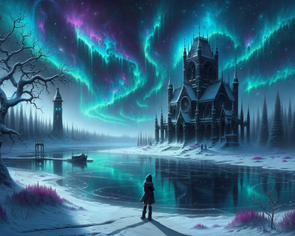 Gothic castle by icy lake under vibrant auroras