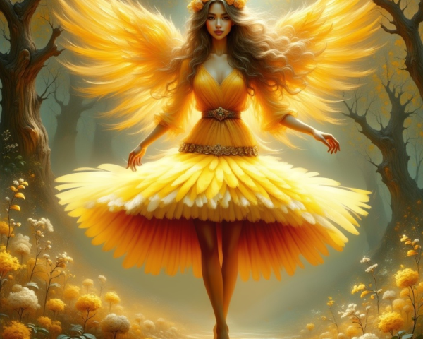 Radiant Figure in Mystical Forest with Petal Dress