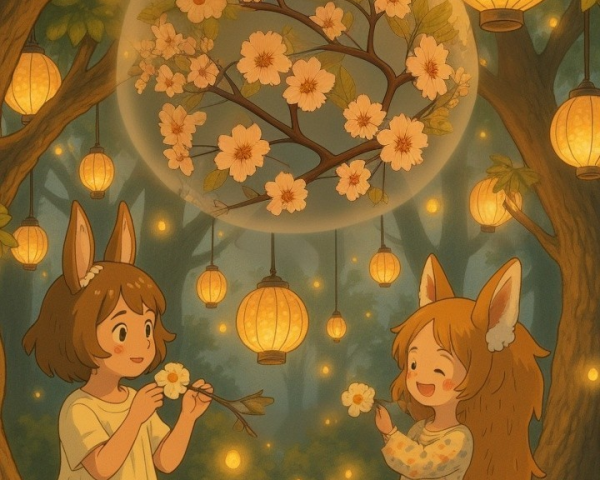 Whimsical Forest Glade with Girls Gathering Flowers