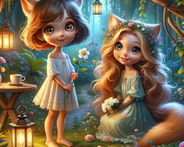 Whimsical forest glade with enchanting girls and flora