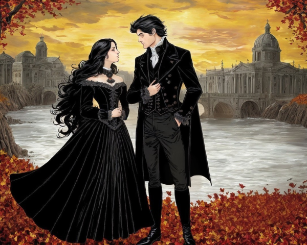 Gothic Couple by River in Fiery Autumn Setting