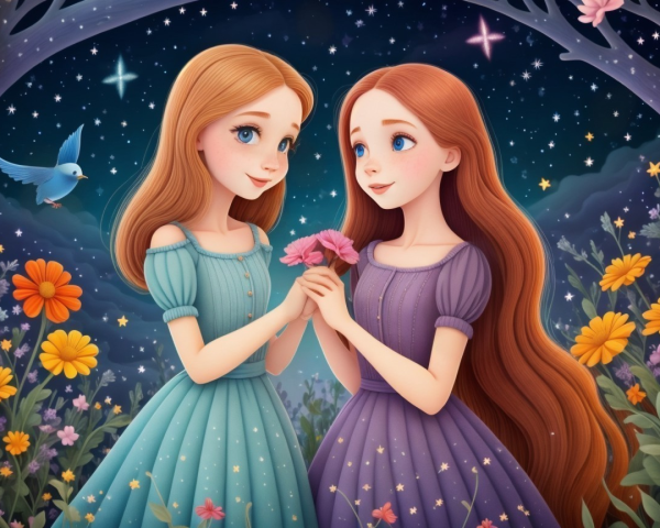 Whimsical Girls in Colorful Dresses in Flower Meadow