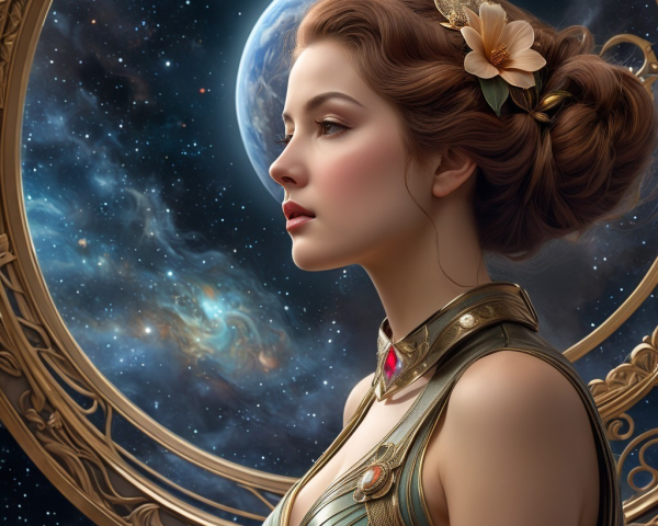 Young Woman in Cosmic Setting with Elegant Outfit