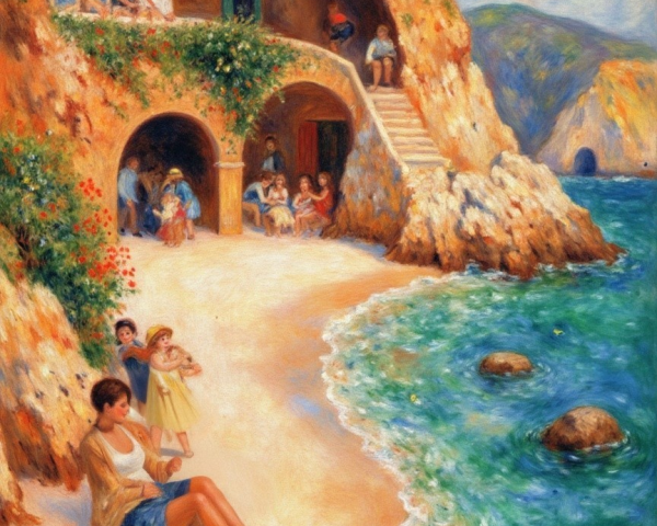 Coastal Scene with Cliffs, Beach, and Joyful Gatherings