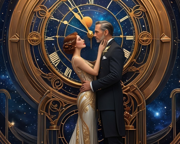 Couple Embraced Before Ornate Clock in Cosmic Setting