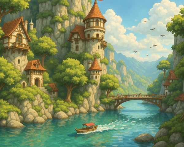 Medieval Houses and Scenic Landscape by a River