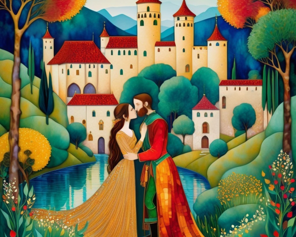 Romantic Embrace by a Tranquil Lake and Castle