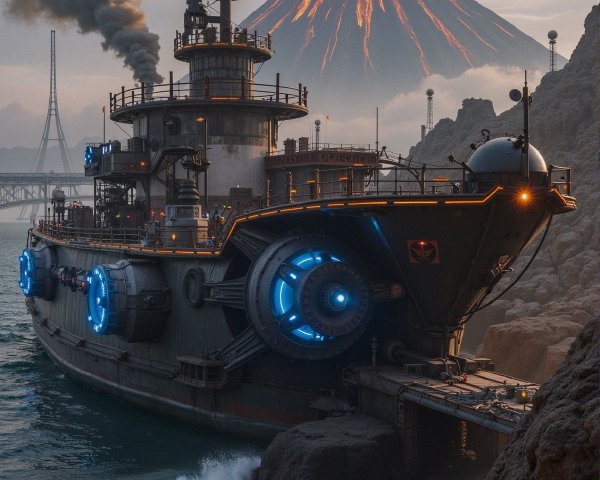 Futuristic Steam-Powered Ship by Erupting Volcano