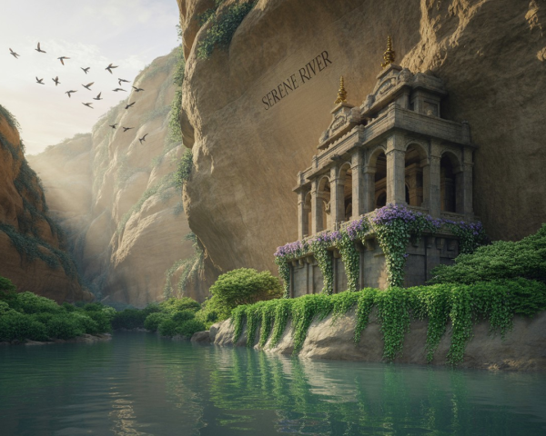 Tranquil River and Ancient Structure in Canyon Setting