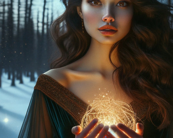 Young woman in snowy landscape with glowing orb