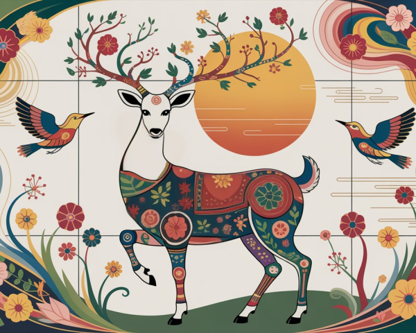 Vibrant Deer with Floral Patterns and Whimsical Birds