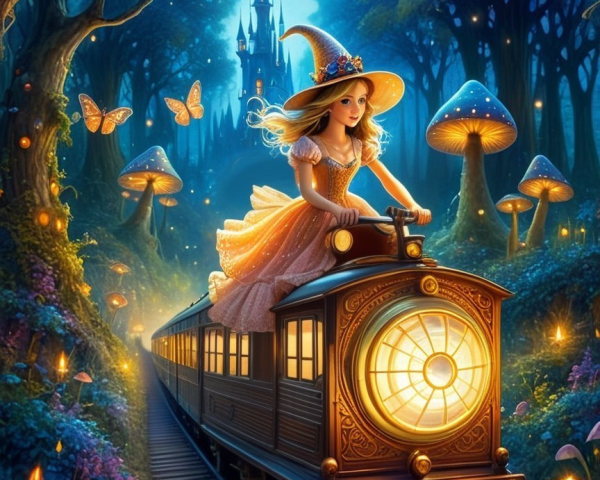 Young girl on steam train in enchanted forest scene