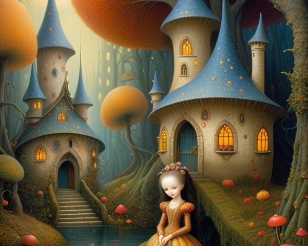 Whimsical Forest Scene with Mushroom Houses and Stream