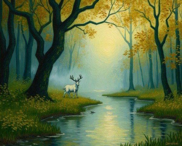 Majestic White Deer in Serene Autumn Forest Scene