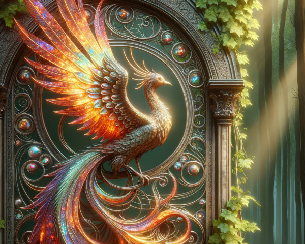 Phoenix Emerging from Ornate Stone Archway in Forest
