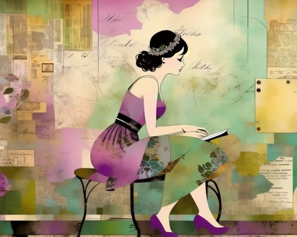 Elegant Woman in Purple Dress Reading in Whimsical Setting