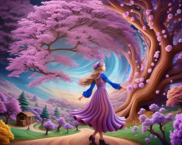 Dreamy Landscape with Whimsical Girl in Purple Dress