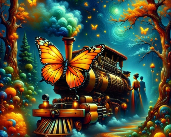 Vintage steam train in a vibrant, magical landscape