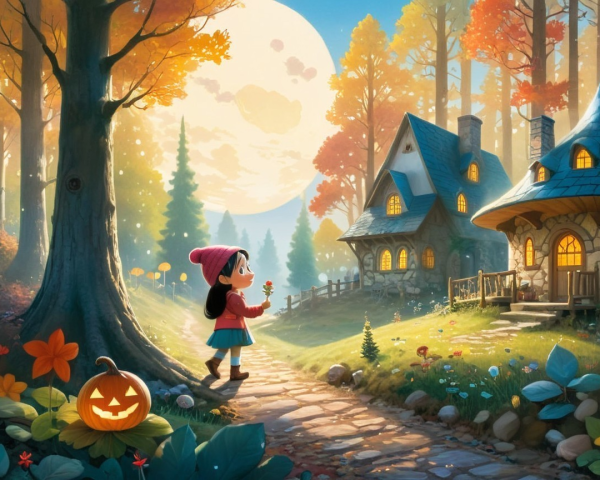 Charming Autumn Scene with Girl and Cozy Cottages