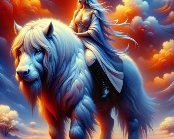 Surreal Landscape with Majestic Rider and Lion